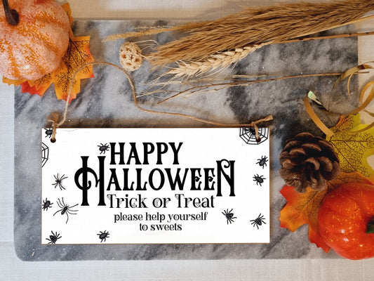 Treat or Treat Help Yourself to Sweets Happy Halloween Sign Handmade Wooden Hanging Wall Plaque Gift Hallway Home Décor