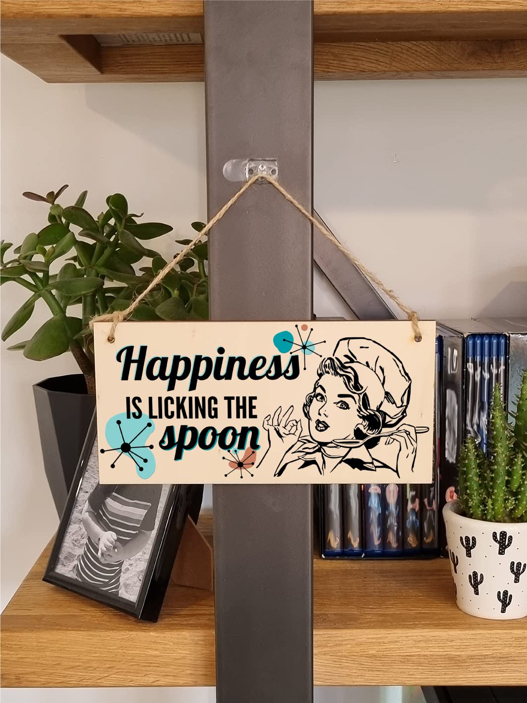 Happiness is licking the spoon Funny Novelty Handmade Wooden Plaque Kitchen Baking Hanging Sign Retro Style Home Décor