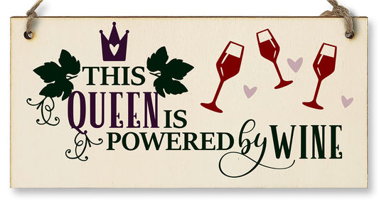 The Plum Penguin This Queen Powered by Wine Funny Novelty Handmade Wooden Hanging Wall Plaque Gift Kitchen Home Bar Sign Decoration