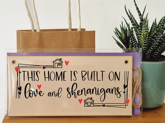 The Plum Penguin Handmade Wooden Hanging Wall Plaque Home Built on Love and Shenanigans Fun Sentimental Decorative Sign Family