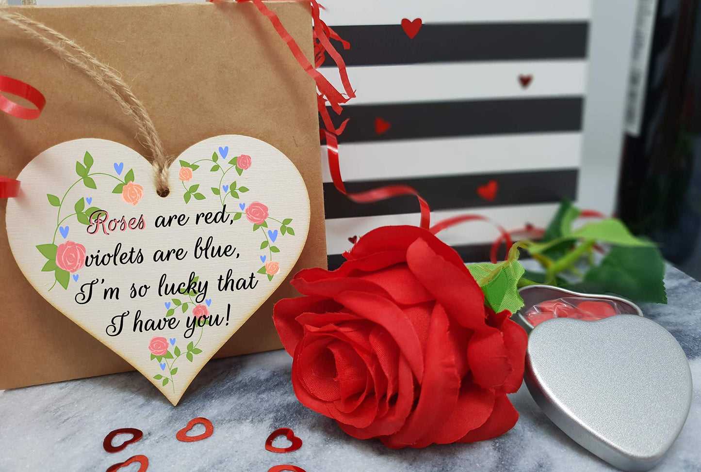 Handmade Wooden Hanging Heart Plaque Valentine's Gift Roses are red I'm lucky I have you sweet floral design gift for someone special boyfriend girlfriend husband wife cute romantic keepsake