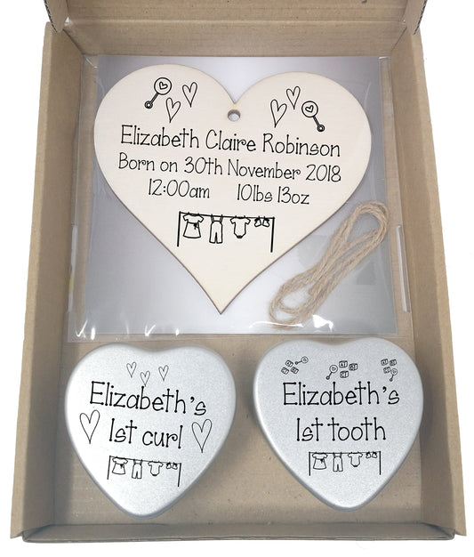 Gift In Can Personalised New Baby Gift Mini Heart Shaped Tins and Wooden Heart Shaped Plaque Gift Box Baby 1st Curl Tooth Birth Details for New Parents Newborn Keepsake (Contemporary Dotty)