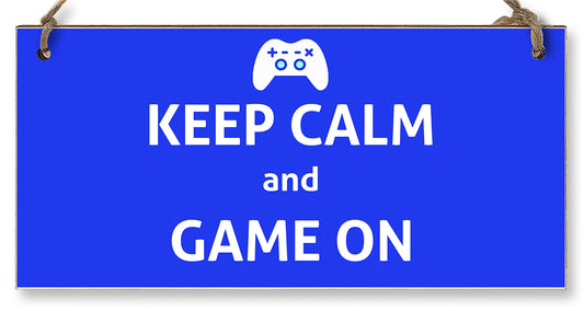 The Plum Penguin Handmade Wooden Hanging Wall Plaque Keep Calm and Game On Novelty Gift Gamers Computer Game Fans Man Cave Sign
