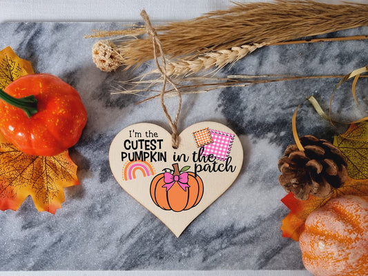 Cutest Pumpkin Patch Baby Girl Cute Autumn Seasonal Hanging Heart Wooden Decoration Gift Card Alternative New Baby Nursery
