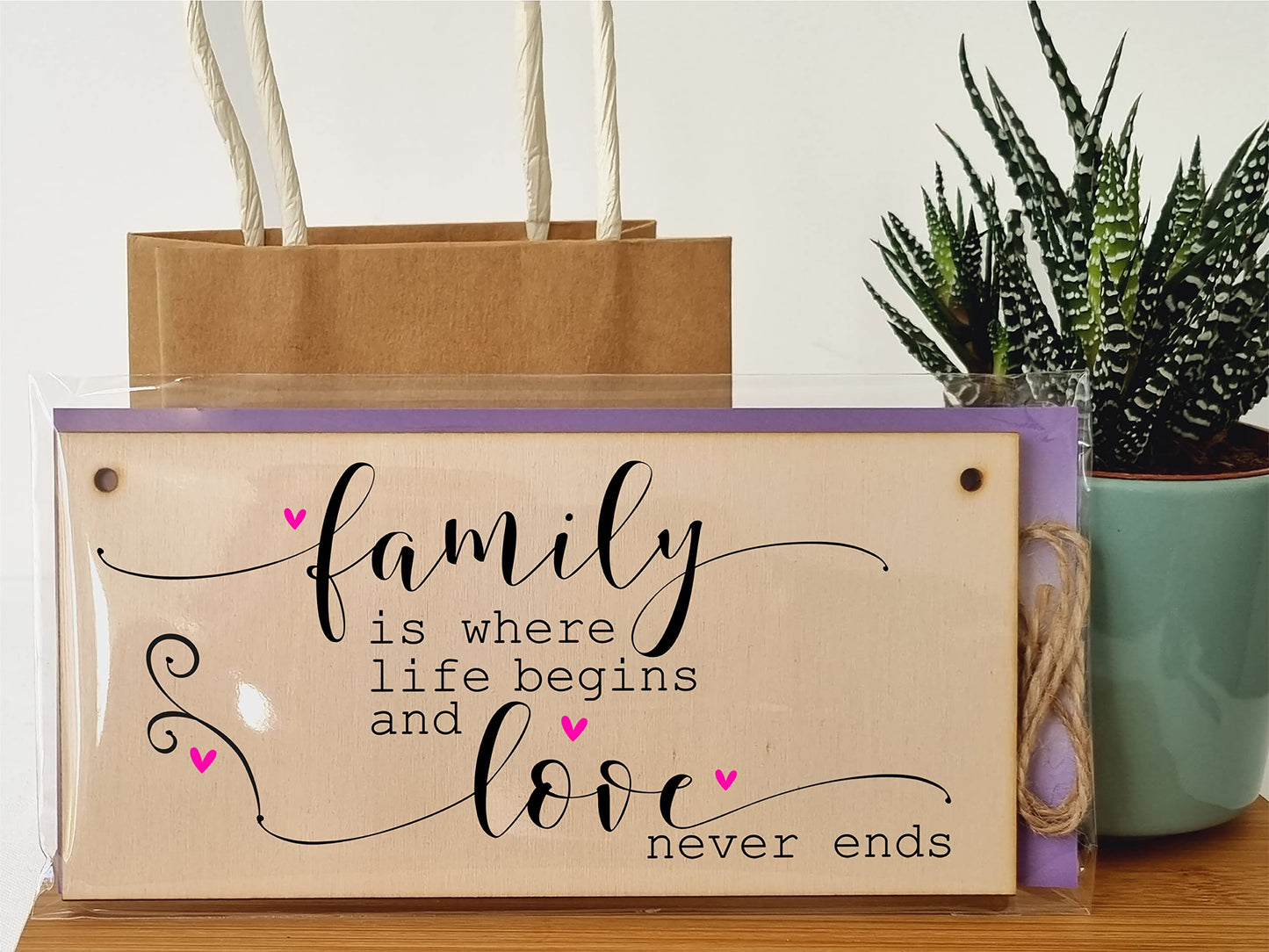 The Plum Penguin Handmade Wooden Hanging Wall Plaque Family Where Life Begins Love Never Ends Decorative Sentimental Sign Gift Family