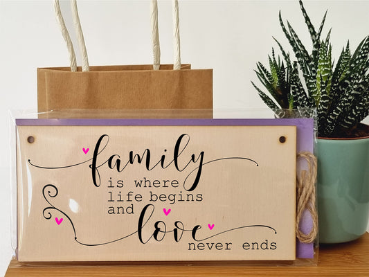 The Plum Penguin Handmade Wooden Hanging Wall Plaque Family Where Life Begins Love Never Ends Decorative Sentimental Sign Gift Family
