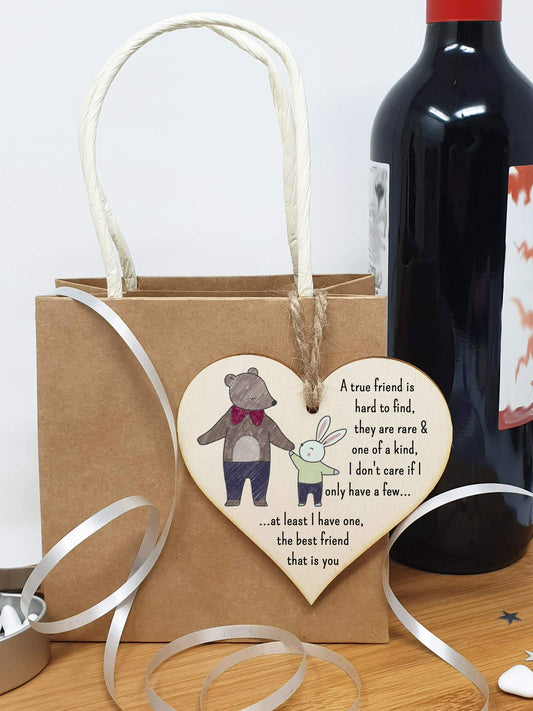 The Plum Penguin Handmade Wooden Hanging Heart Plaque Gift A true friend is hard to find best friend is you cute wall hanger card alternative for absent friends hand drawn design