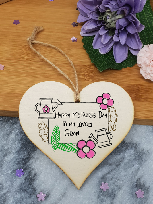 Handmade Wooden Hanging Heart Plaque Mother's Day Gift perfect for lovely Grans special keepsake card alternative from grandchildren gardening flowers wall hanger for special grandparent
