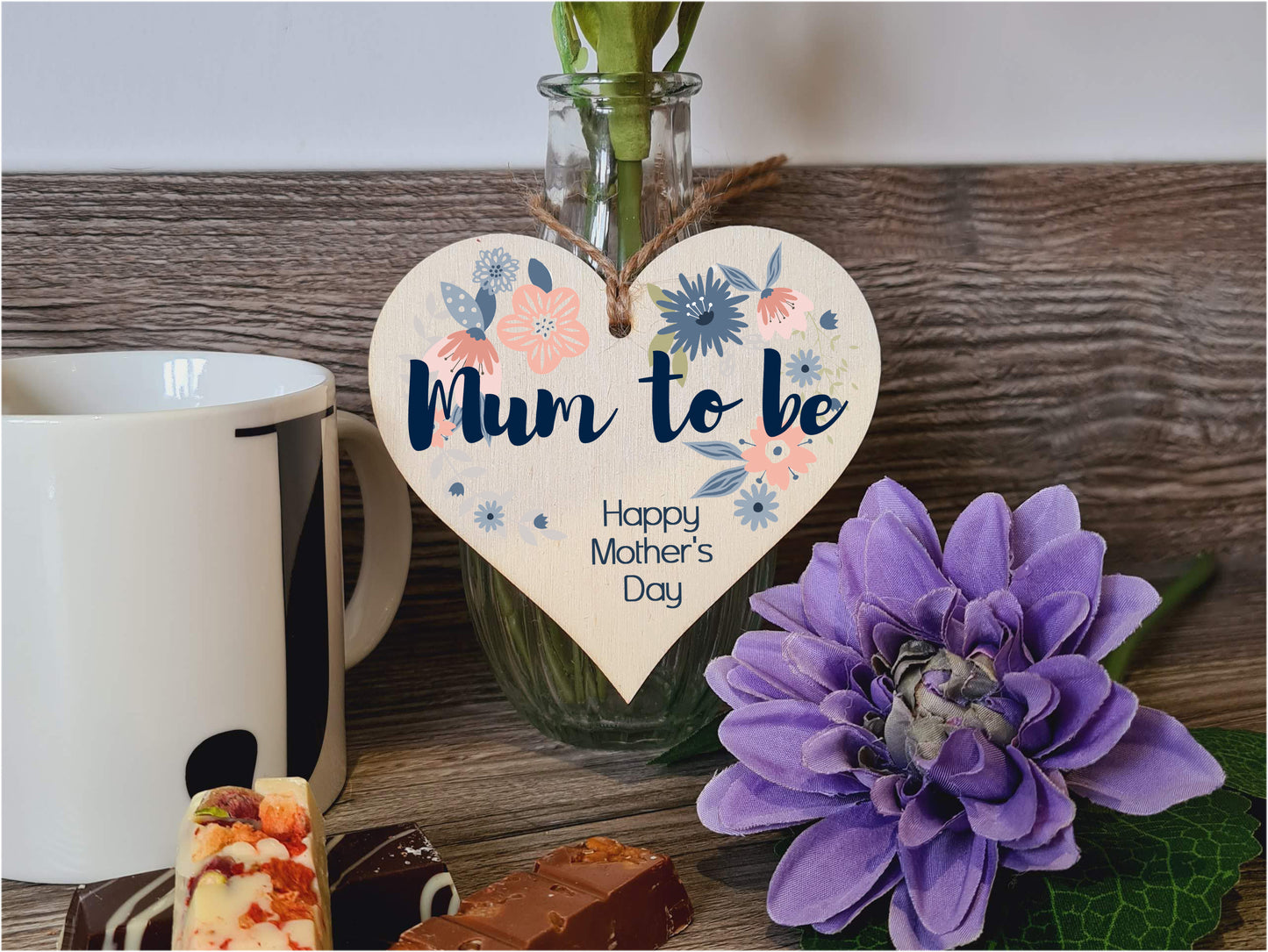The Plum Penguin Handmade Wooden Hanging Heart Plaque Wish your Mum to be a very happy Mother's Day beautiful thoughtful keepsake wall hanger card alternative stylish floral design