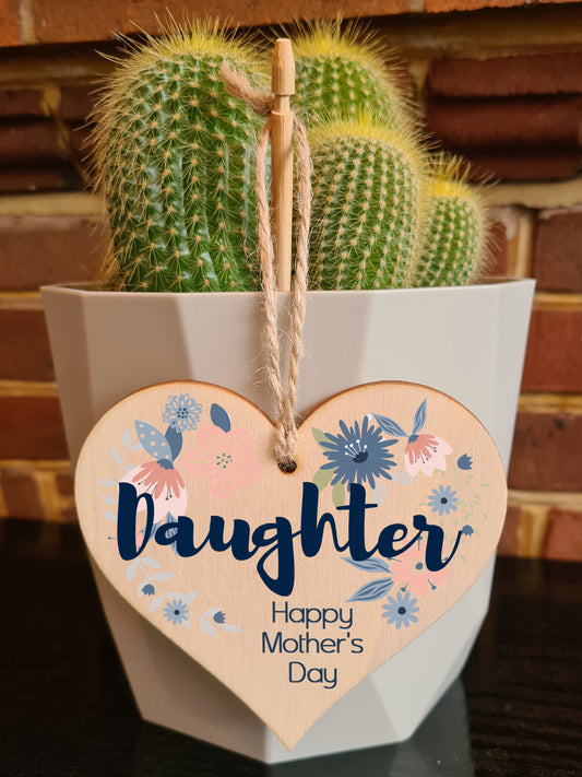 Handmade Wooden Hanging Heart Plaque Mother's Day Gift perfect for Daughter stylish floral celebration card alternative from mums beautiful thoughtful keepsake