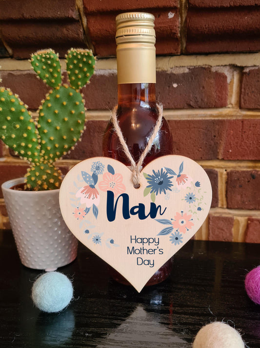 Handmade Wooden Hanging Heart Plaque Mother's Day Gift perfect for Nan stylish floral celebration card alternative from grandchildren beautiful thoughtful keepsake