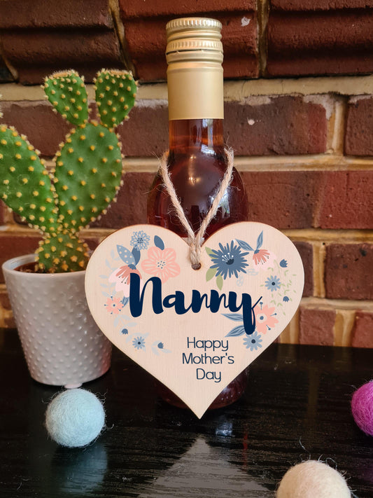 Handmade Wooden Hanging Heart Plaque Mother's Day Gift perfect for Nanny stylish floral celebration card