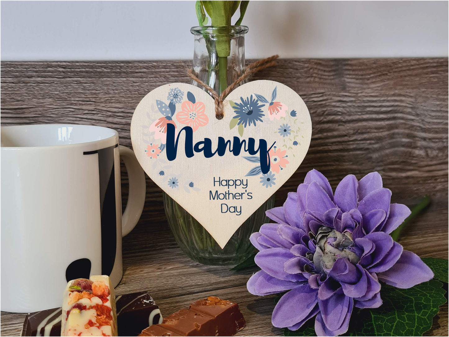 Handmade Wooden Hanging Heart Plaque Mother's Day Gift perfect for Nanny stylish floral celebration card