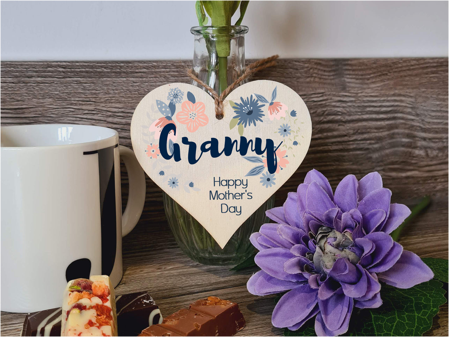 Handmade Wooden Hanging Heart Plaque Mother's Day Gift perfect for Granny stylish floral celebration card