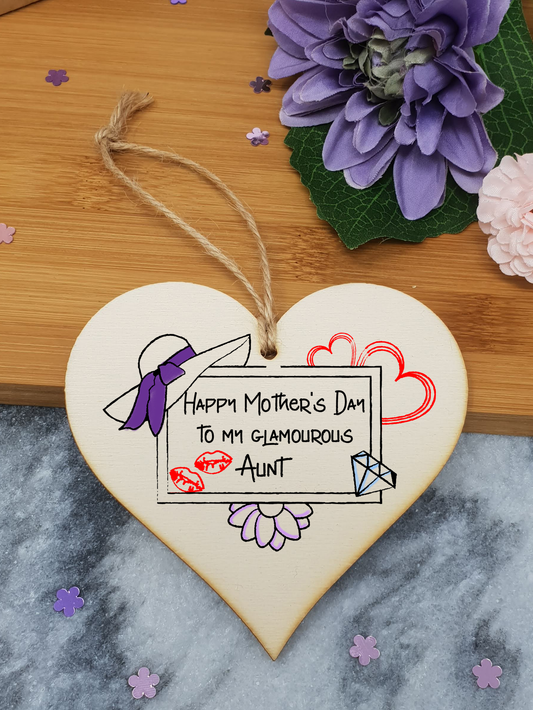 Handmade Wooden Hanging Heart Plaque Mother's Day Gift perfect for glamourous stylish Aunts special keepsake card alternative from niece nephew wall hanger for special auntie