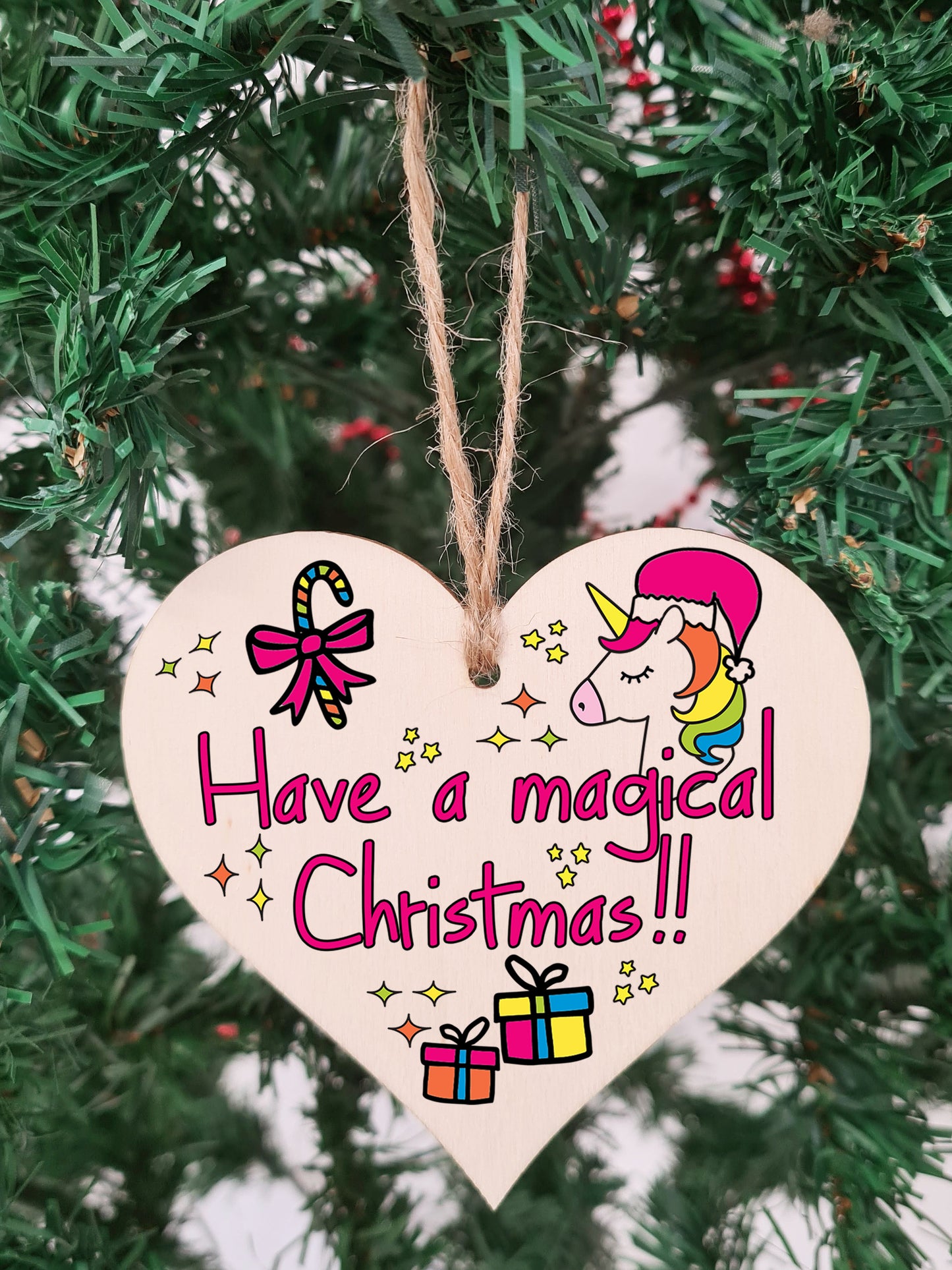 Handmade Christmas Hanging Wooden Heart Plaque Decoration Gift to wish someone special a magical merry xmas novelty unicorn fun festive bauble