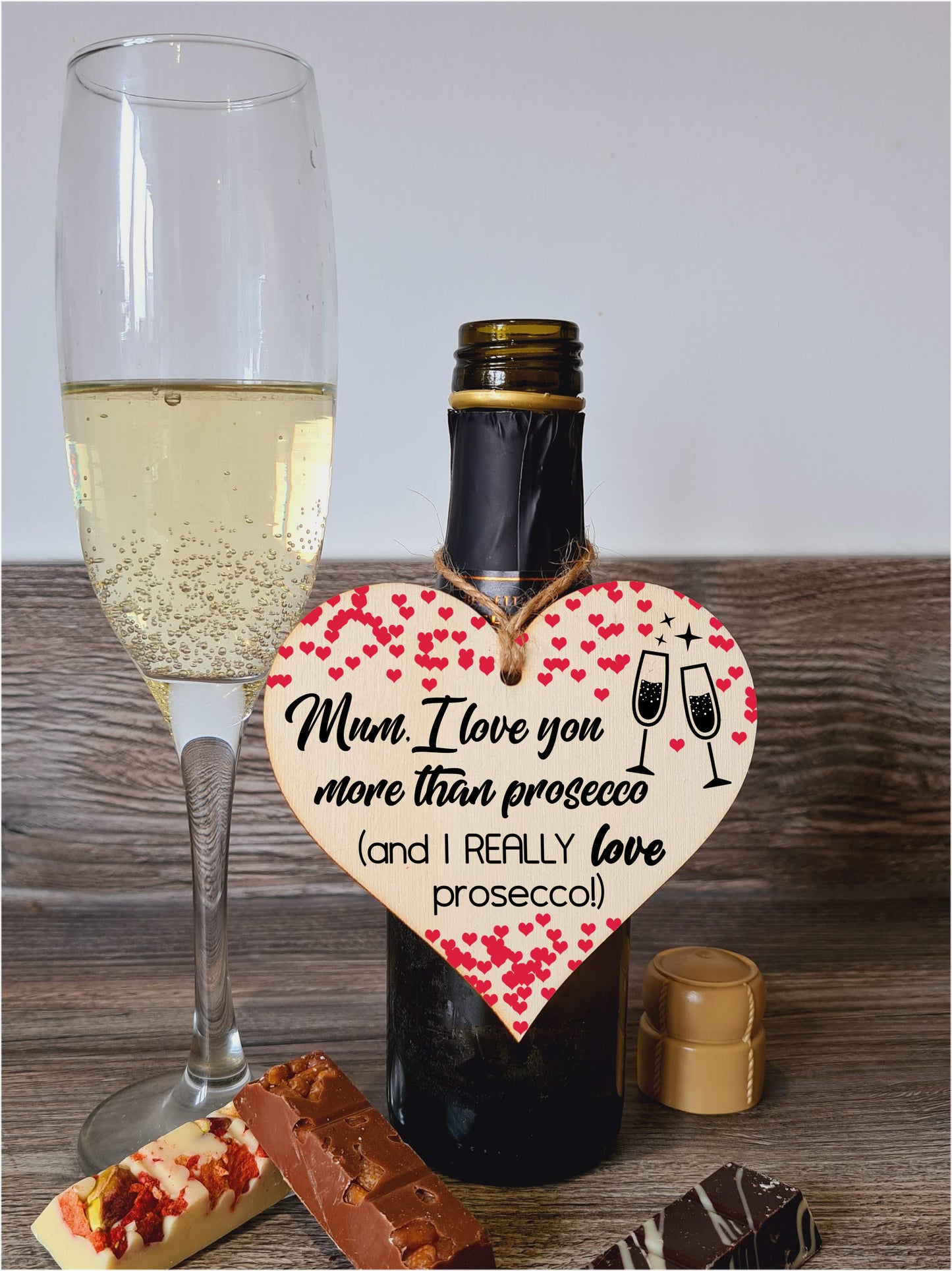 Handmade Wooden Hanging Heart Plaque Mother's Day Gift Mum I love you more than Prosecco Really love Prosecco novelty alcohol boozy funny keepsake wall hanger card alternative