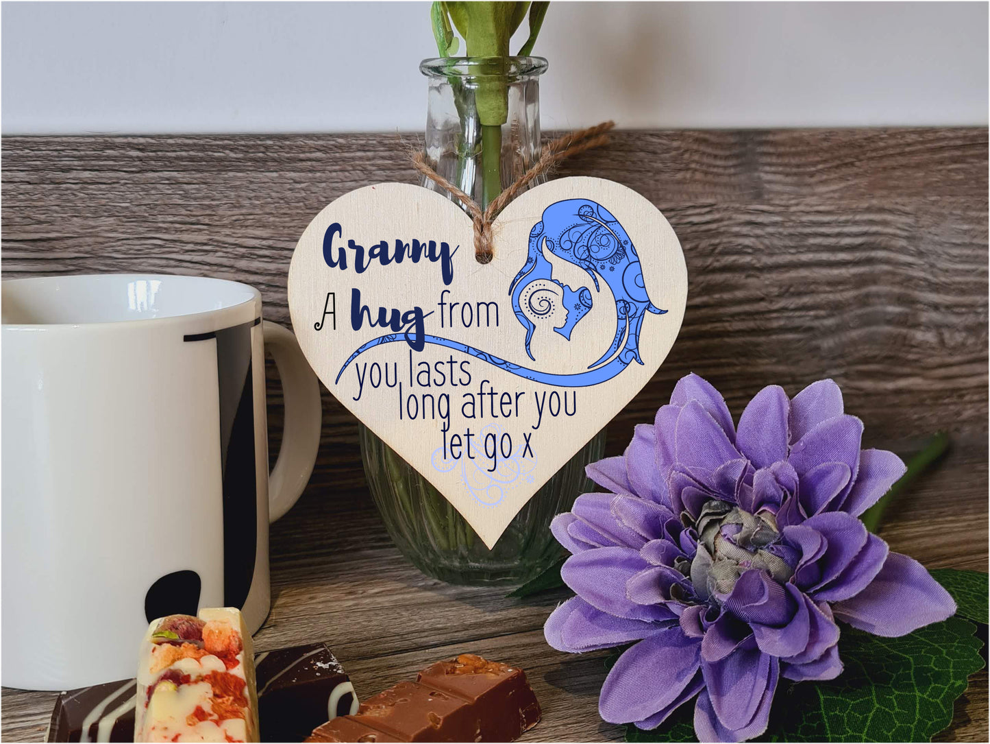 Handmade Wooden Hanging Heart Plaque Mother's Day Gift perfect for Granny loving thoughtful special keepsake A hug from you lasts long after you let go card alternative from grandchildren wall hanger