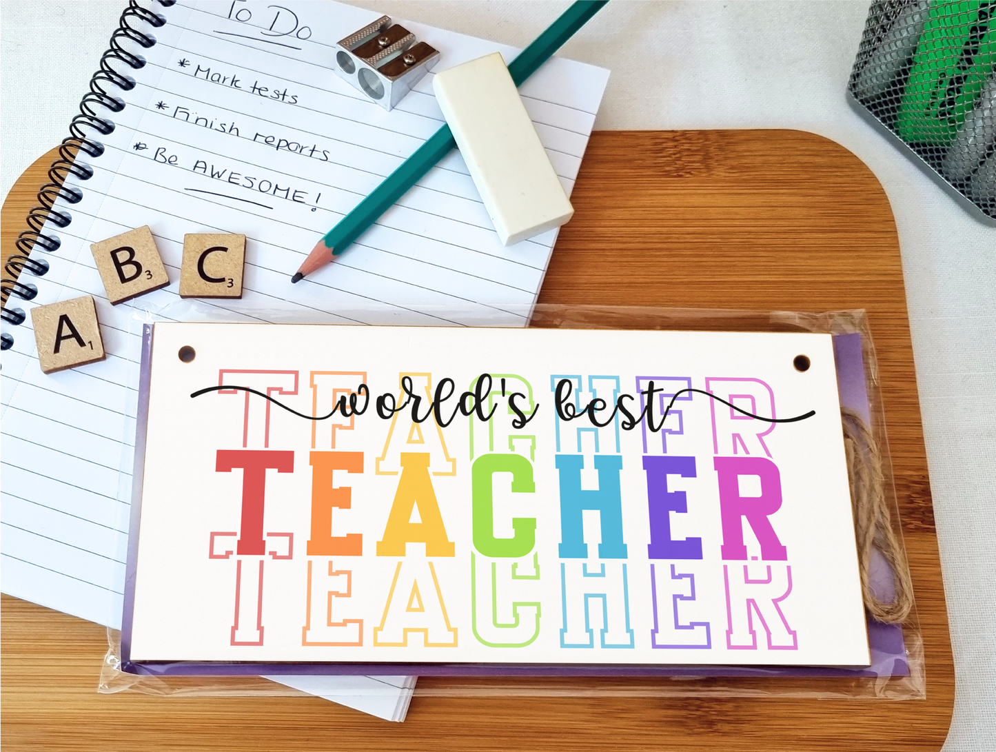 World's Best Teacher Colourful Handmade Wooden Hanging Plaque Gift Teacher Teaching Assistant End of Term