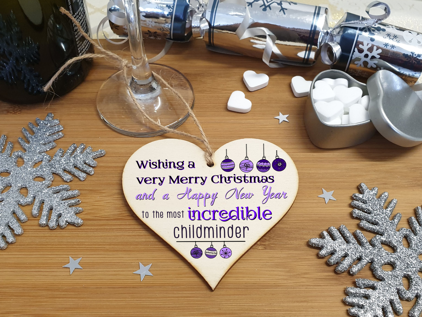 Handmade Wooden Christmas Hanging Heart Plaque Gift Wishing Merry Xmas and happy new year to most incredibel childminder card alternative funky wording