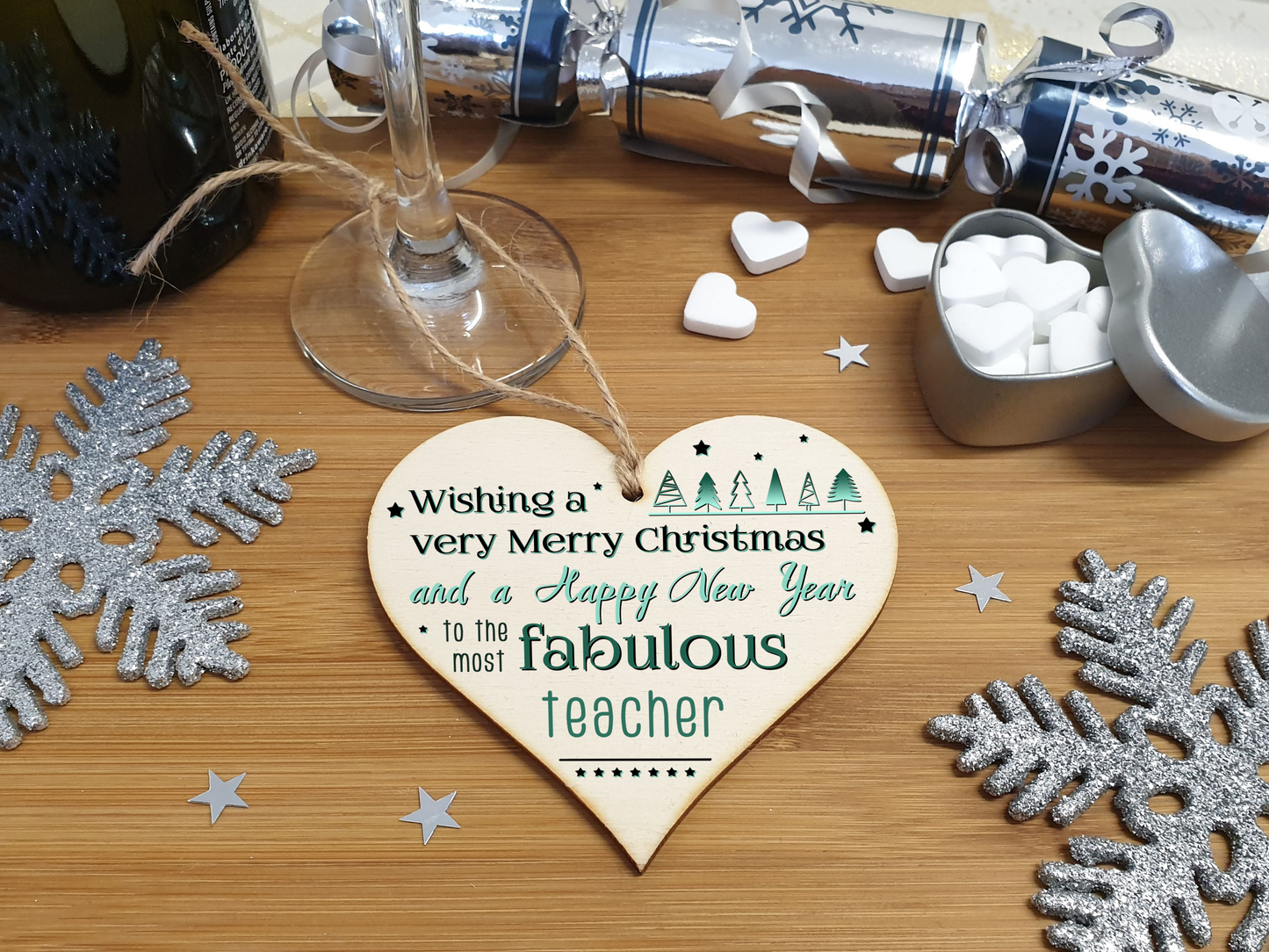 Handmade Wooden Christmas Hanging Heart Plaque Gift Wishing Merry Xmas and happy new year to most fabulous teacher card alternative funky wording