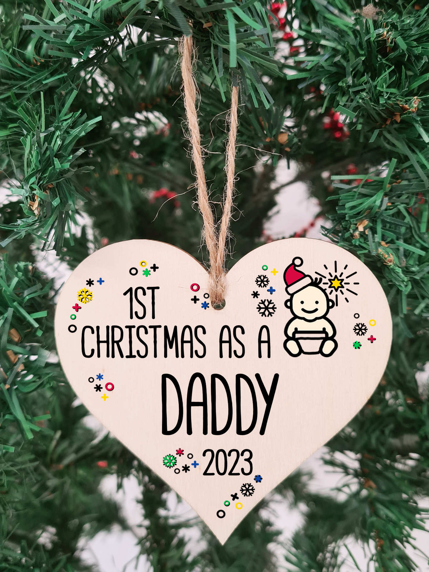 Handmade Wooden Christmas Hanging Heart Plaque Gift 1st Xmas as a Daddy new baby family celebration tree decoration present for family