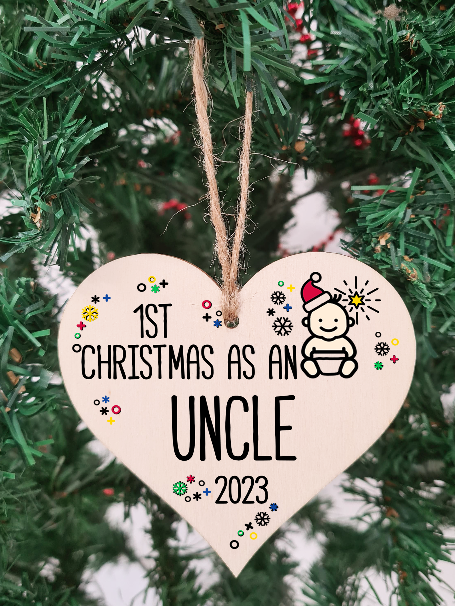Handmade Wooden Christmas Hanging Heart Plaque Gift 1st Xmas as an Uncle new baby family celebration tree decoration present for family