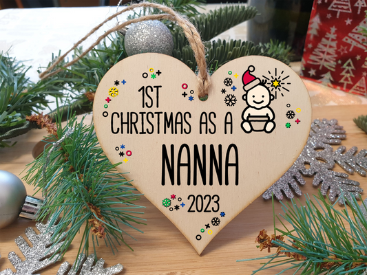 Handmade Wooden Christmas Hanging Heart Plaque Gift 1st Xmas as a Nanna new baby family celebration tree decoration present for family
