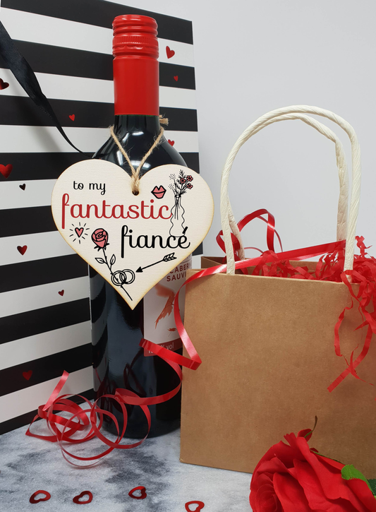Handmade Wooden Hanging Heart Plaque Valentine's Gift to my Fantastic Fiance for someone special future husband and wife romantic keepsake pretty floral decoration
