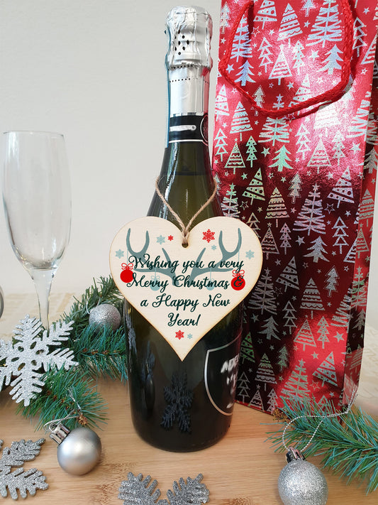 Handmade Christmas Hanging Wooden Heart Plaque Decoration Gift or Tag Antlers & Baubles to wish someone special a merry xmas festive