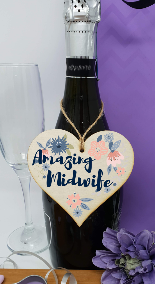 Handmade Wooden Hanging Heart Plaque Gift Amazing Midwife Thank You Special Someone Present Floral Style from new mum parents