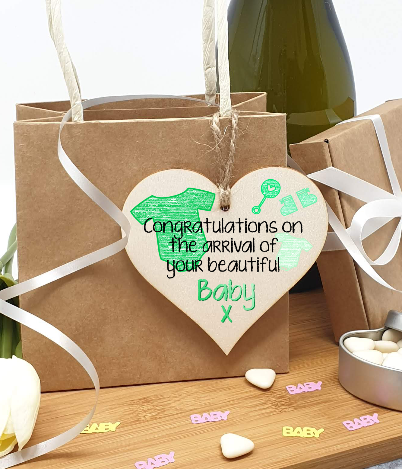 Handmade Wooden Hanging Heart Plaque Gift Congratulations on the arrival of your beautiful baby new baby present new parents green gender neutral nursery wall decoration crayon style