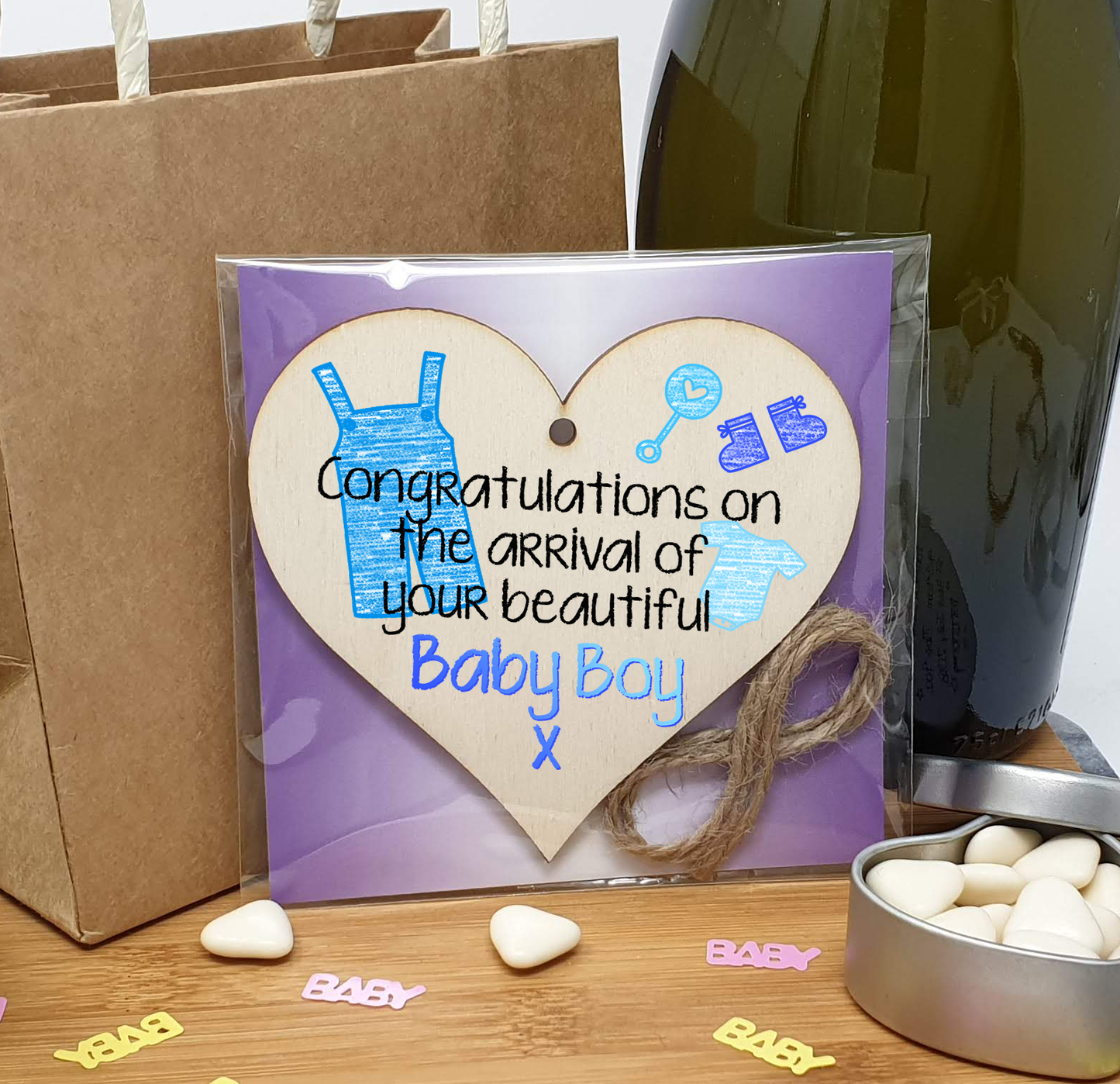 Handmade Wooden Hanging Heart Plaque Gift Congratulations on the arrival of your beautiful baby boy new baby present new parents blue nursery wall decoration crayon style