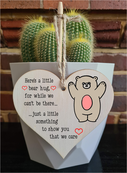 Handmade Wooden Hanging Heart Plaque Gift heres a little bear hug for while we can't be there miss you long distance wall hanger cute rainbow design for family friends grandparents