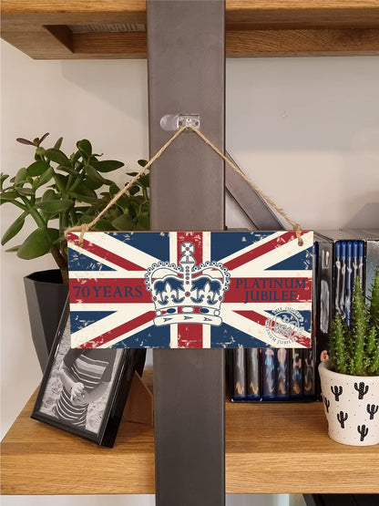 The Plum Penguin Handmade Wooden Hanging Wall Plaque Celebrate 70 Years Queen's Platinum Jubilee 2022 Crown Decorative Memorabilia Street Party