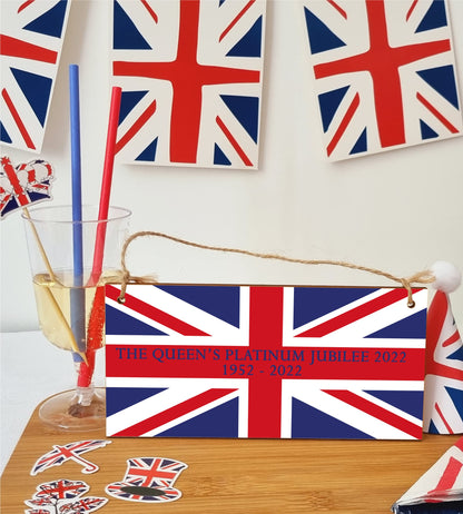 The Plum Penguin Handmade Wooden Hanging Wall Plaque Celebrate 70 Years Queen's Platinum Jubilee 2022 Union Jack Decorative Memorabilia Street Party