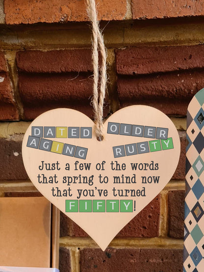 The Plum Penguin Handmade Wooden Hanging Heart Plaque Gift Happy Birthday Fifty Funny Wordle Just a few words that spring to mind