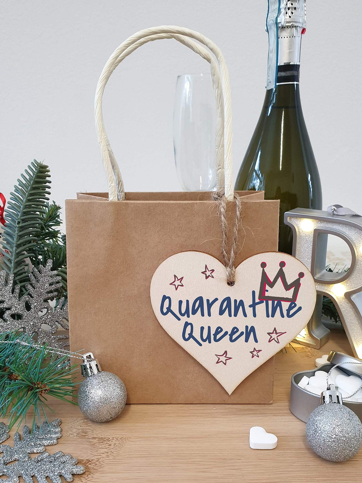 The Plum Penguin Handmade Wooden Hanging Heart Plaque Christmas Tree Bauble Quarantine Queen Novelty Celebration Year of Lockdown Wall Hanger