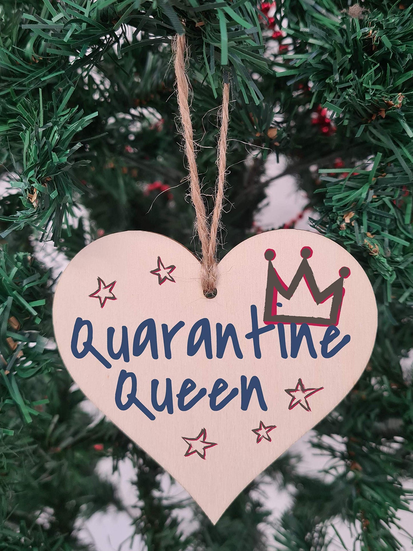 The Plum Penguin Handmade Wooden Hanging Heart Plaque Christmas Tree Bauble Quarantine Queen Novelty Celebration Year of Lockdown Wall Hanger