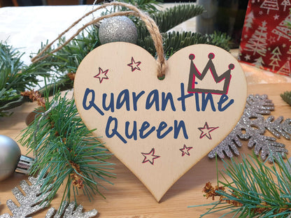The Plum Penguin Handmade Wooden Hanging Heart Plaque Christmas Tree Bauble Quarantine Queen Novelty Celebration Year of Lockdown Wall Hanger