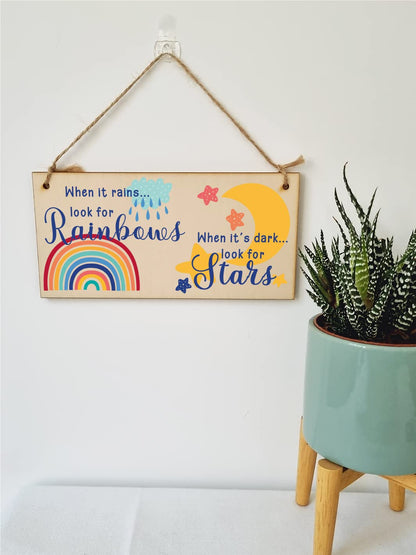 The Plum Penguin Handmade Wooden Hanging Wall Plaque When it rains look for rainbows dark look for stars Decorative Sign Friendship
