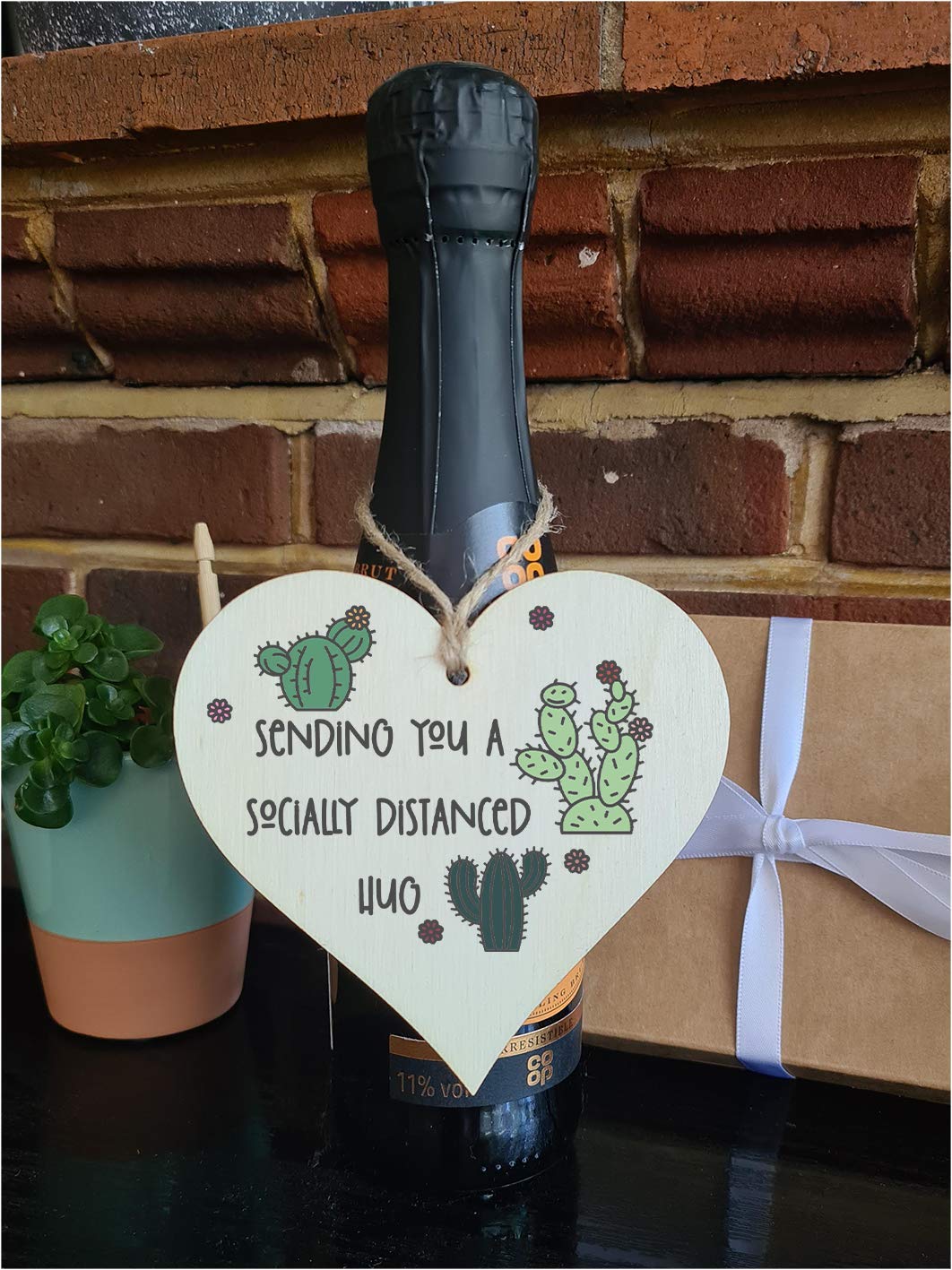 The Plum Penguin Handmade Wooden Hanging Heart Plaque Gift sending you a socially distanced hug miss you long distance novelty wall hanger cute fun cactus design for family friends grandparents