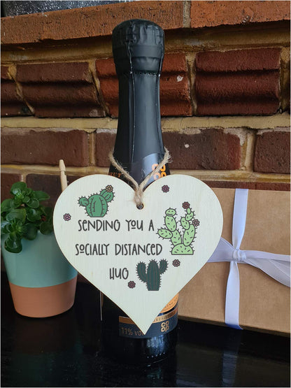 The Plum Penguin Handmade Wooden Hanging Heart Plaque Gift sending you a socially distanced hug miss you long distance novelty wall hanger cute fun cactus design for family friends grandparents