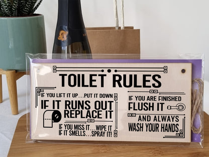 The Plum Penguin Toilet Rules Funny Novelty Handmade Wooden Hanging Wall Plaque Gift Bathroom Loo Sign Home Decoration