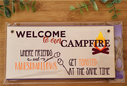 The Plum Penguin Handmade Wooden Hanging Wall Plaque Welcome to our Campfire Friends Roasted Funny Camping Tent Adventure Sign