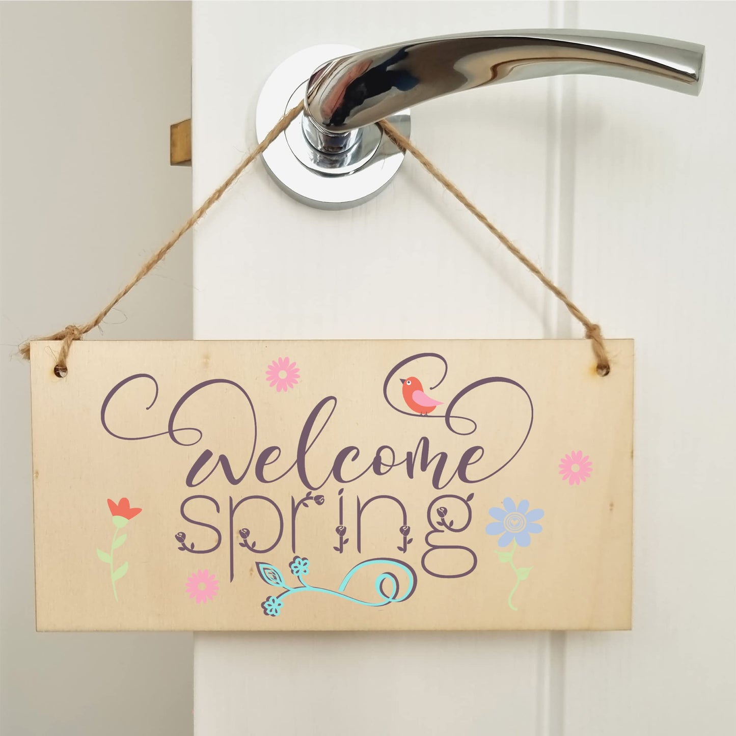 The Plum Penguin Handmade Wooden Hanging Wall Plaque Welcome Spring Cute Fun Easter Sign Springtime Garden Kitchen Decoration