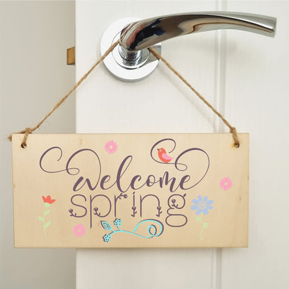 The Plum Penguin Handmade Wooden Hanging Wall Plaque Welcome Spring Cute Fun Easter Sign Springtime Garden Kitchen Decoration