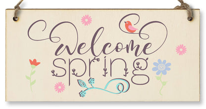 The Plum Penguin Handmade Wooden Hanging Wall Plaque Welcome Spring Cute Fun Easter Sign Springtime Garden Kitchen Decoration