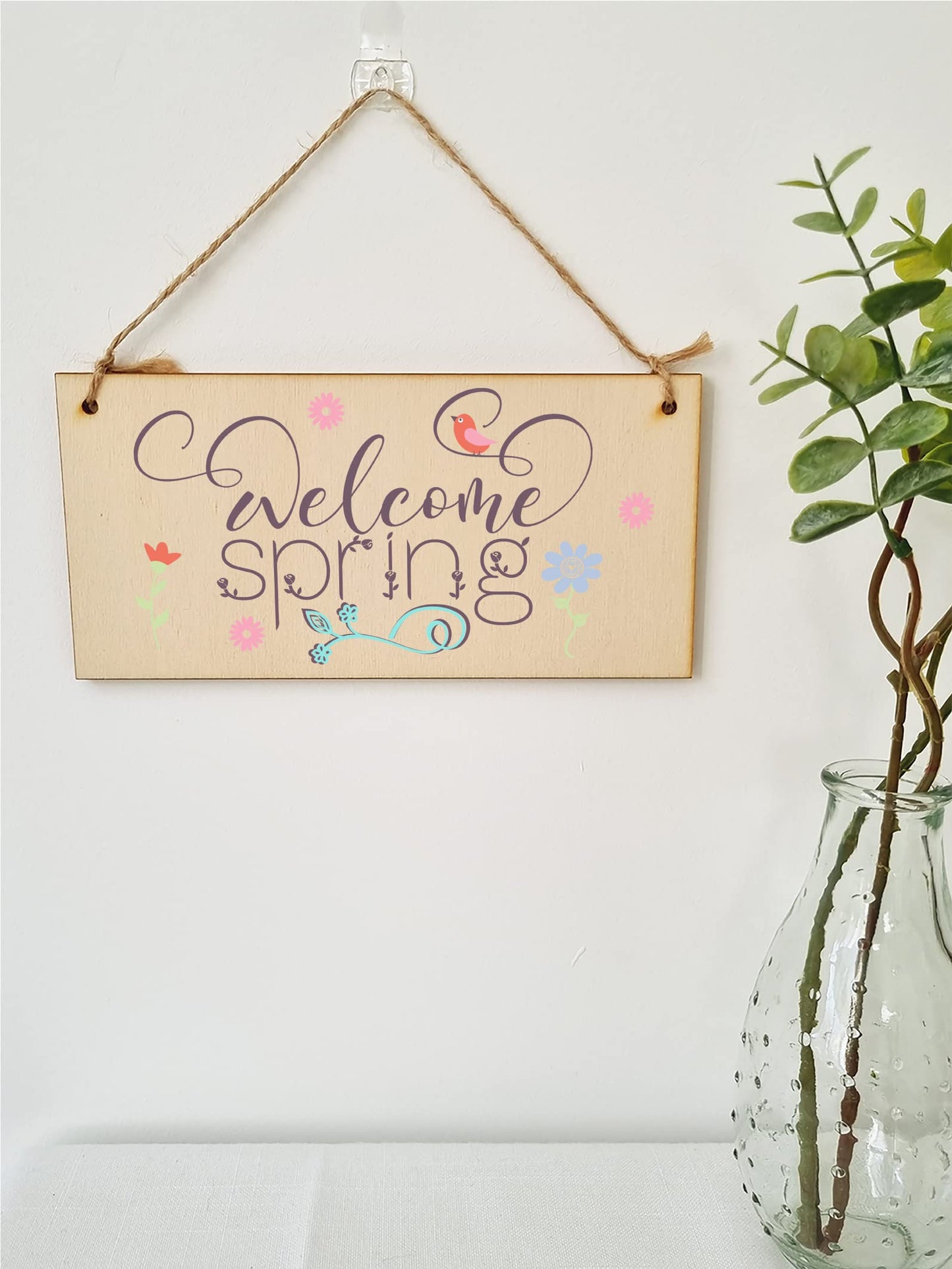 The Plum Penguin Handmade Wooden Hanging Wall Plaque Welcome Spring Cute Fun Easter Sign Springtime Garden Kitchen Decoration