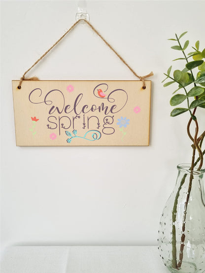 The Plum Penguin Handmade Wooden Hanging Wall Plaque Welcome Spring Cute Fun Easter Sign Springtime Garden Kitchen Decoration